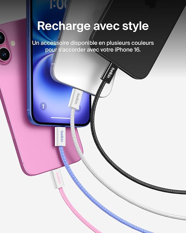 Pack de 2 Câbles USB-C vers USB-C avec Gaine tressée (1,5 m, 60 W, Doux au Toucher, Souple, Recharge Rapide, pour iPhone 17 et iPhone 16, Galaxy S25, Pixel 10, iPad Pro, etc., Rose)