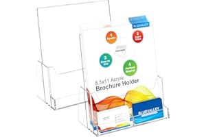 BlueValley 2 Pack Acrylic Brochure Holder 8.5x11, Clear Brochure & Flyer Display Stand with Business Card Holder, Plastic Pam