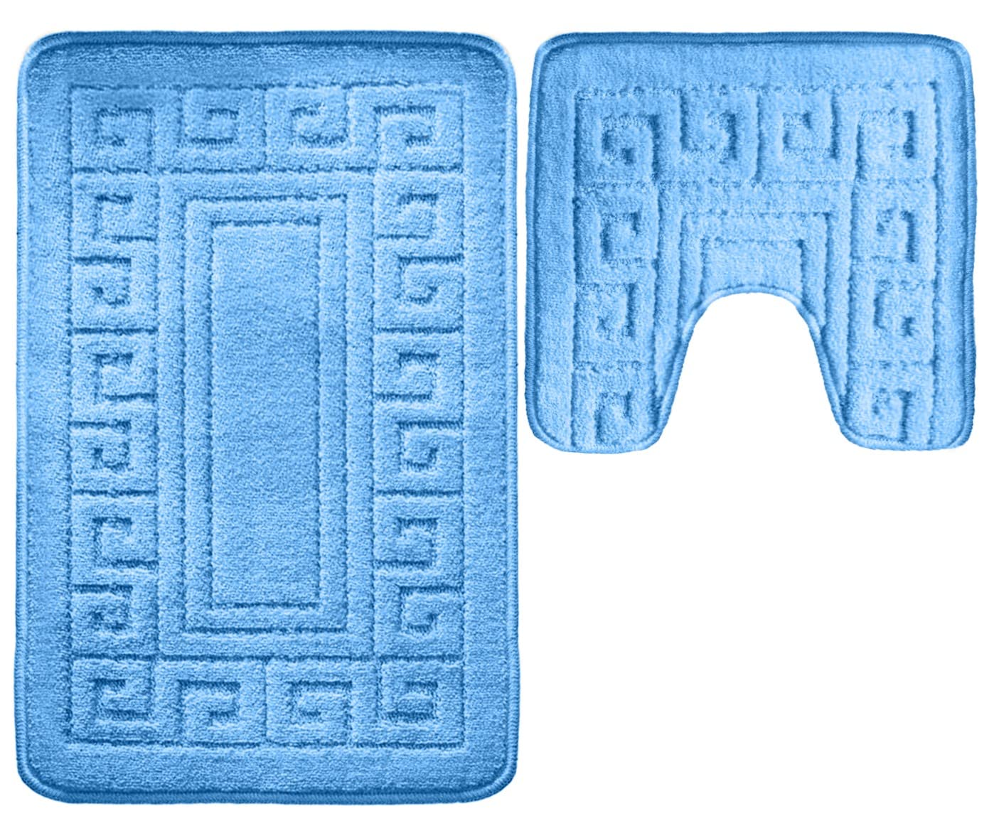 VL Bath Mat Sets 2 Piece Washable 50x80cm – Soft Toilet Mat and Matching Pedestal Mat with Greek Key Pattern – Non-Slip, Quick-Dry, Machine Washable Bathroom Rug for Everyday Use (Blue)