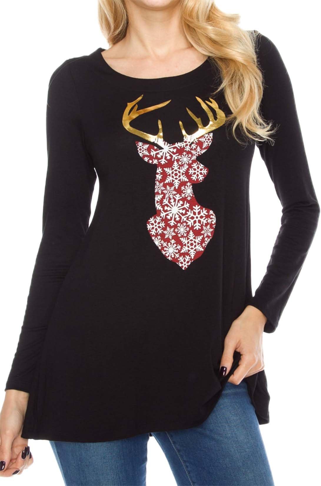 DREAGAL Women Long Sleeve Christmas Reindeer Print T-Shirt Tunic Tops Black X-large