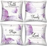 Wesiti 4 Pcs Butterfly Throw Pillow Covers 18 x 18 Inches Decorative Gifts Cushion Cover Home Family Faith Hope Love Words Pillowcase Square Couch Pillow Vintage Style Summer Home Decoration (Violet)