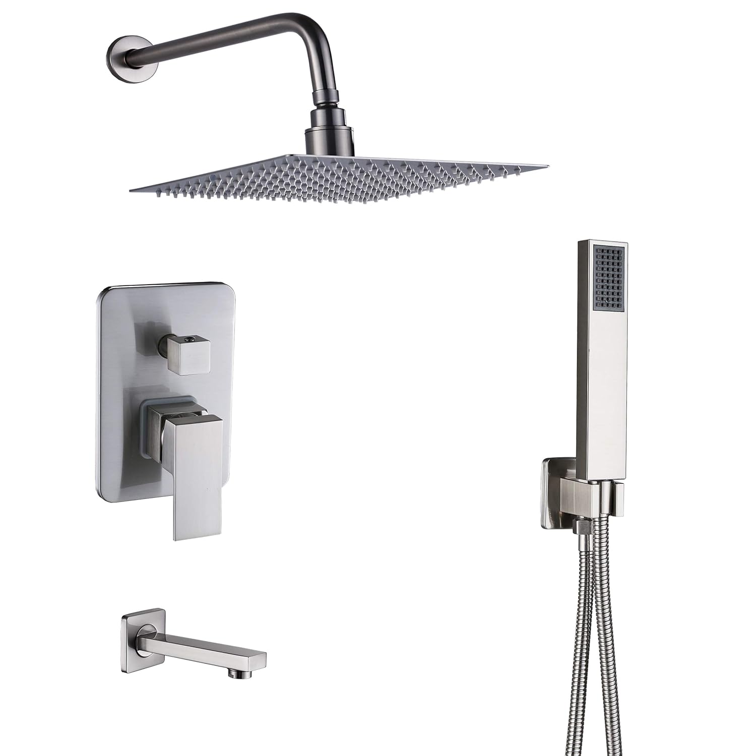 Rozin Brushed Nickel 3-way Mixer Control 10" Square Rain Shower Set Tub Spout Tap with Hand Sprayer