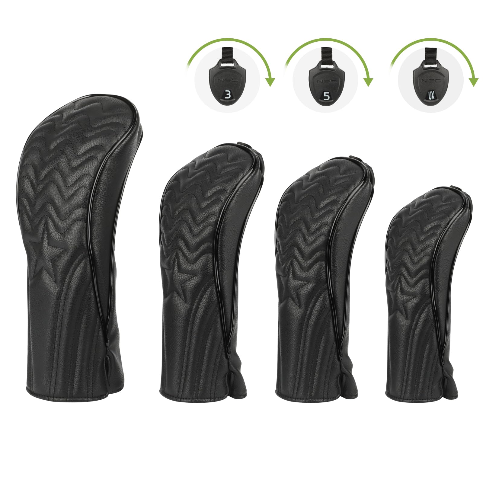 Photo 1 of Head Covers for Golf Clubs - 4pcs Golf Club Head Covers for Woods and Driver Fairway Hybrid with Interchangeable Tags for Golf Accessories - Black