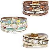 Wovanoo Leather Wrap Bracelet Set 3Pack Wrist Cuff Bracelet for Women Multilayer Magnetic Clasp Bracelet Feather Tree Bead Crystal Bracelet