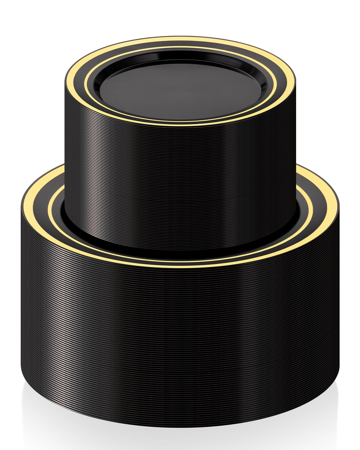 Photo 1 of 200PCS Black Plastic Plates Set with Gold Rim, 100 10.25 inch Dinner Plates and 100 7.5 inch Dessert Plates, Premium Disposable Plates forfor Party, Wedding, Holiday,And Halloween