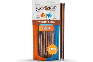 Jack&Pup 12 Inch Bully Sticks for Large Dogs (5 Pack) Thick Odor Free Bully Sticks, Long Lasting Pizzle Sticks for Dogs
