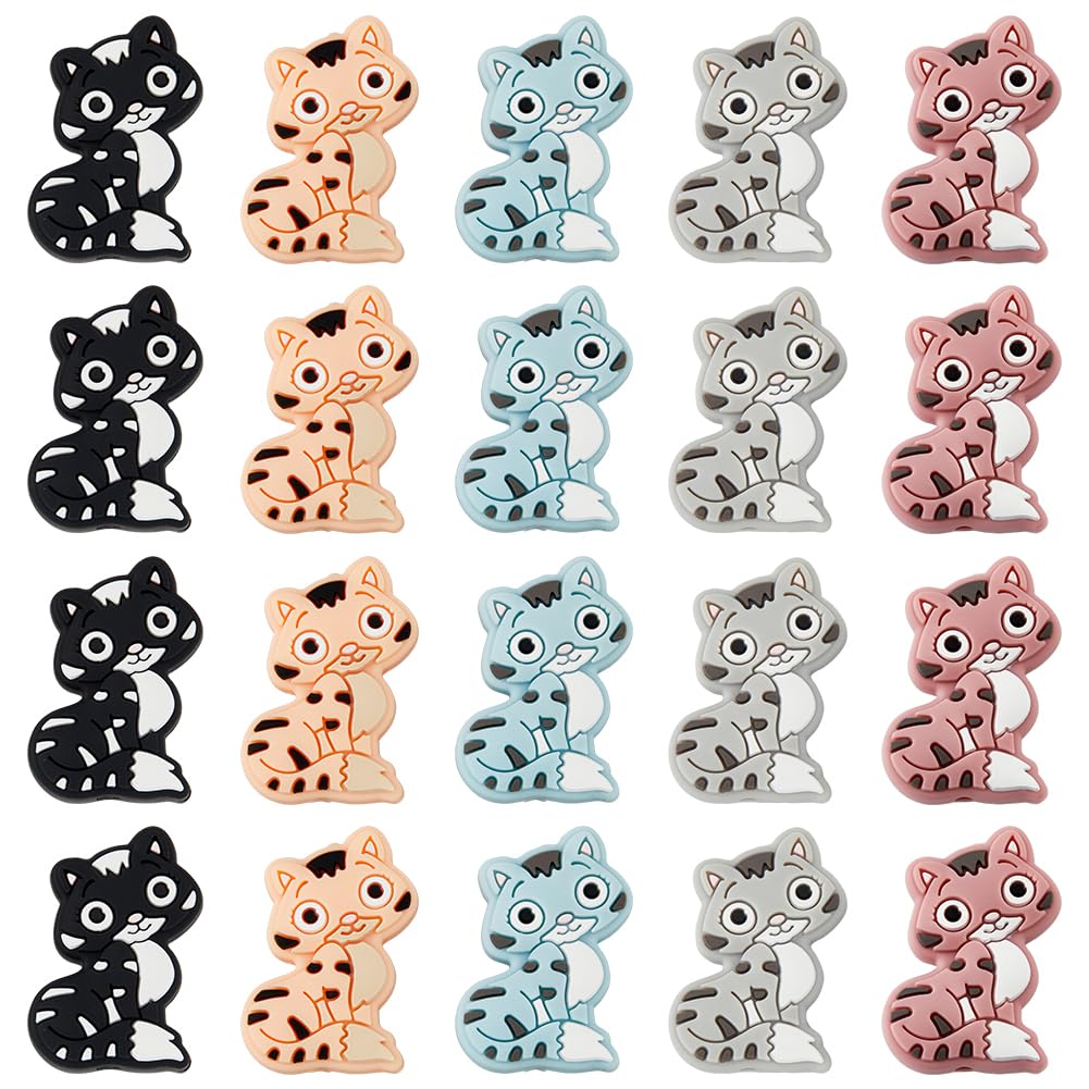 DICOSMETIC 5 Colors Cat Silicone Beads 20Pcs Character Focal Silicone Beads Animal Silicone Loose Beads for Pen Keychain Jewelry Making Craft, Hole: 2mm