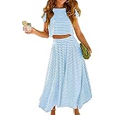 Zontroldy Women's Summer 2 Piece Outfits Striped Skirt Sets Cap Sleeve Crop Top Midi Dress Matching Travel Outfits