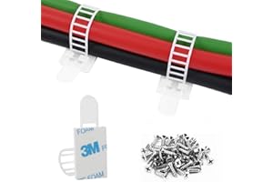 VAMRONE Adhesive Cable Management Clips, 50Pcs Adjustable Nylon Cable Strap Ties Wire Clips Clamps Organizer with Strong Adhesive Tape, Extra Screw & Hole for Strong Fixation Home Office - 3.35 Inch White