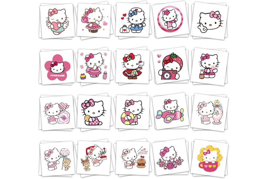 40Sheets Cartoon Hello Kitty Temporary Tattoos Birthday Themed Party Supplies Decoration Favors Cartoon Cute Kitty Sticker for Kids Boys Home Activity Class Prizes Carnival Christmas Rewards (Hell40)