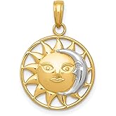 14k Yellow Gold and Rhodium Two-Tone Sun and Moon Face Pendant for Women, Celestial Symbol Jewelry with Balance and Harmony Design, Spiritual Astrology Necklace, Cosmic Lunar Solar Charm