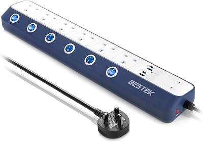 BESTEK 6 Way Surge Protection Extension Lead with 4 USB Ports 1.8M White