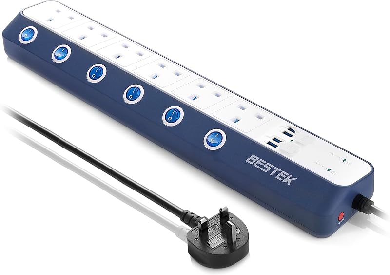 BESTEK 6 Way Surge Protection Extension Lead with 4 USB Ports 1.8M White