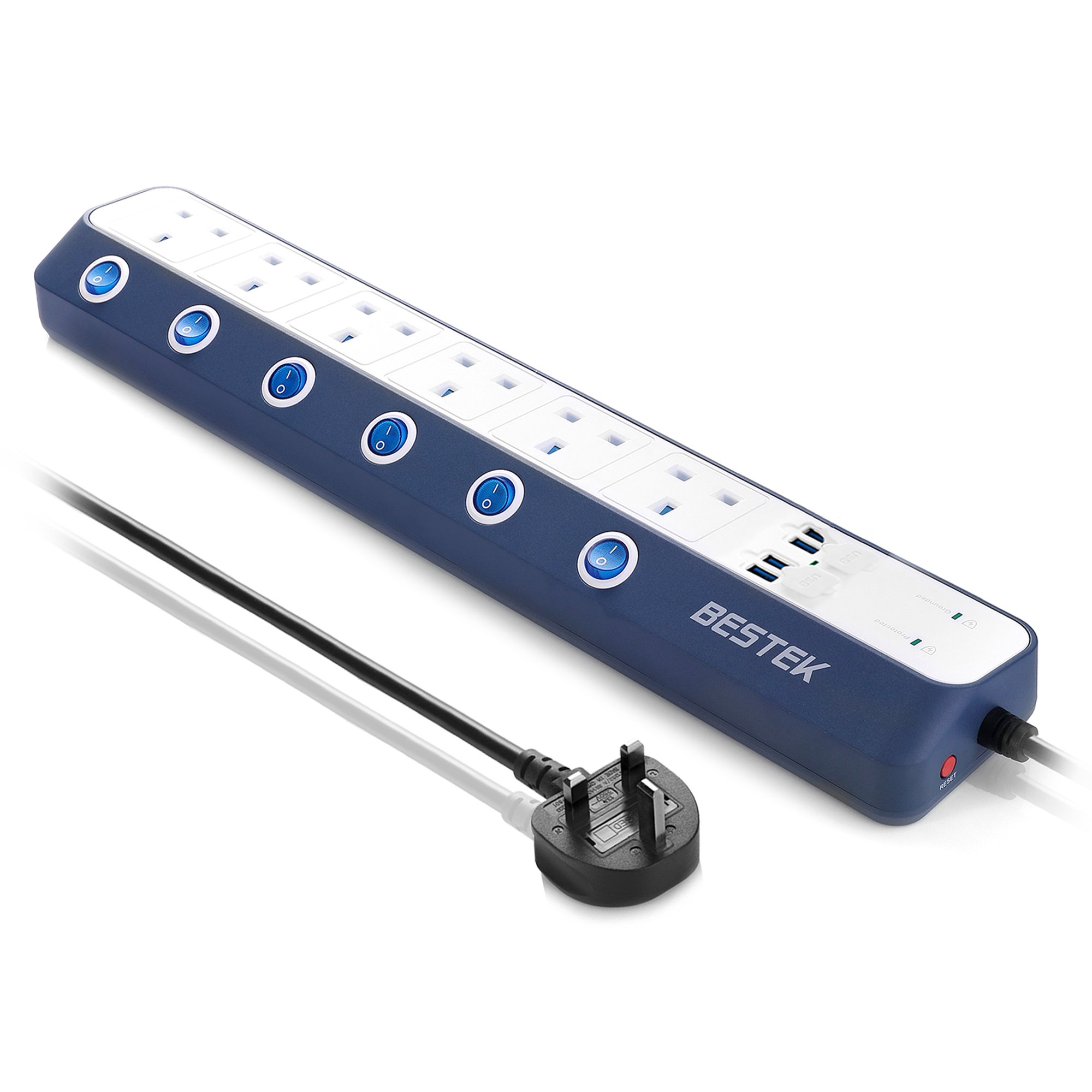 BESTEK Surge Protection Extension Lead, 1.8M 6 Way individual Switch Power Strip Plug Socket with 4 USB Ports (6 Way-White)