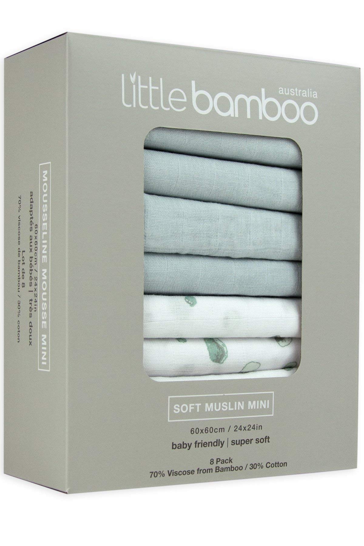Little Bamboo Muslin Squares 8 Pack, 60 x 60cm, Whisper Grey