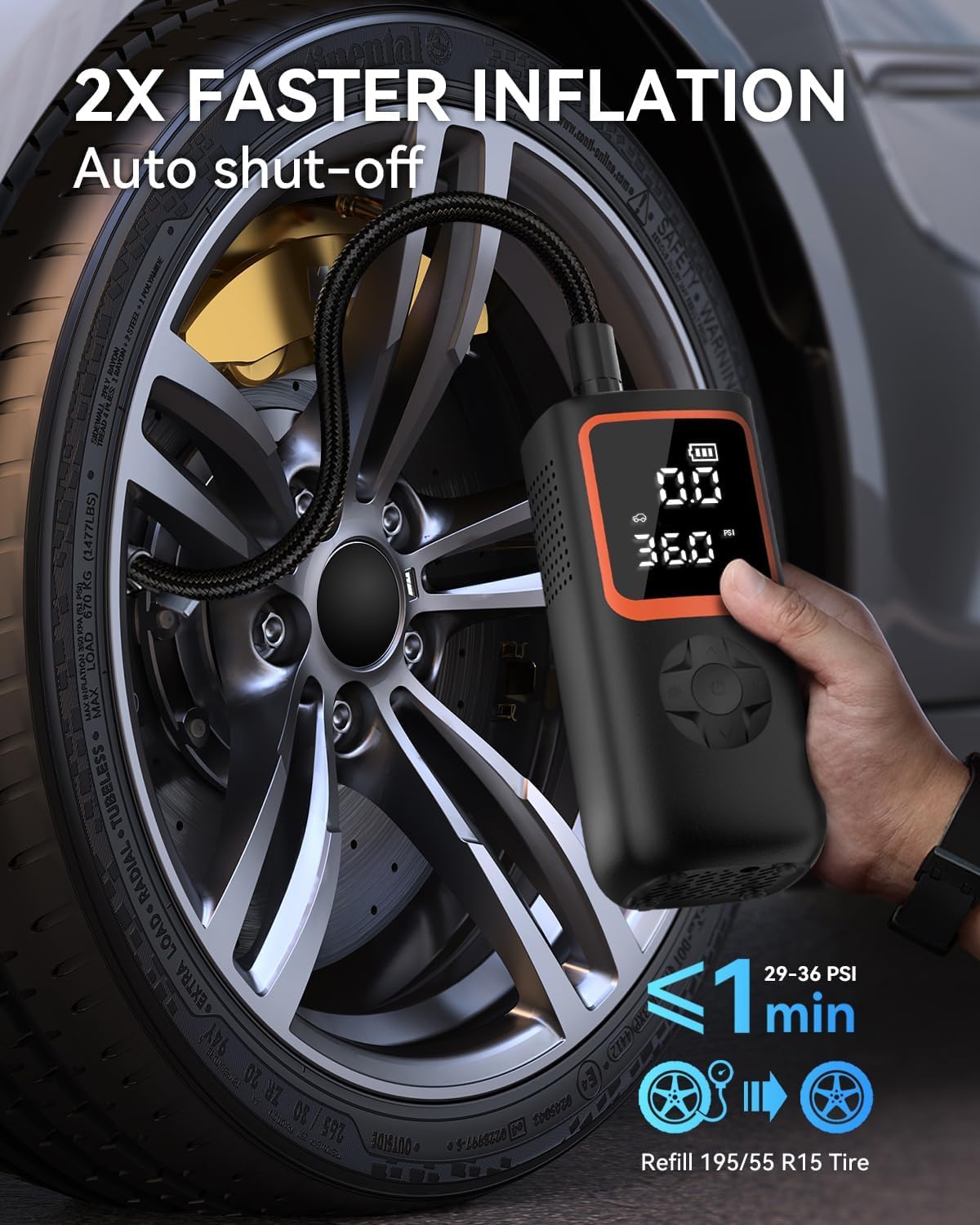 Elektrische Luftpumpe - 6000mAh & 150PSI Fahrradpumpe für Autoreifen mit Manometer & LED-Licht, 2X schnellere Aufblasung Mini Kompressor für Auto Fahrräder, Motorra 2