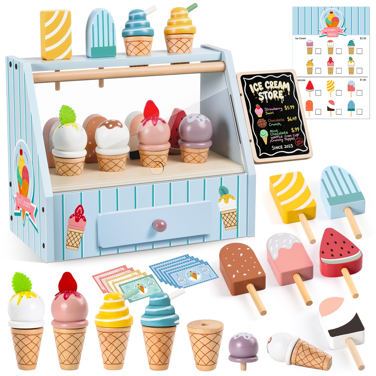 RILSO Gifts for 2 3 4 Year Old Girls,Toys for 2 3 4 Year Old Girls,2 3 Year Old Girl Gifts,Wooden Ice Cream Set,Toy Kitchen Accessories,Wooden Food for Play Kitchen,Kids Role Play Toy 2 3 Year Old