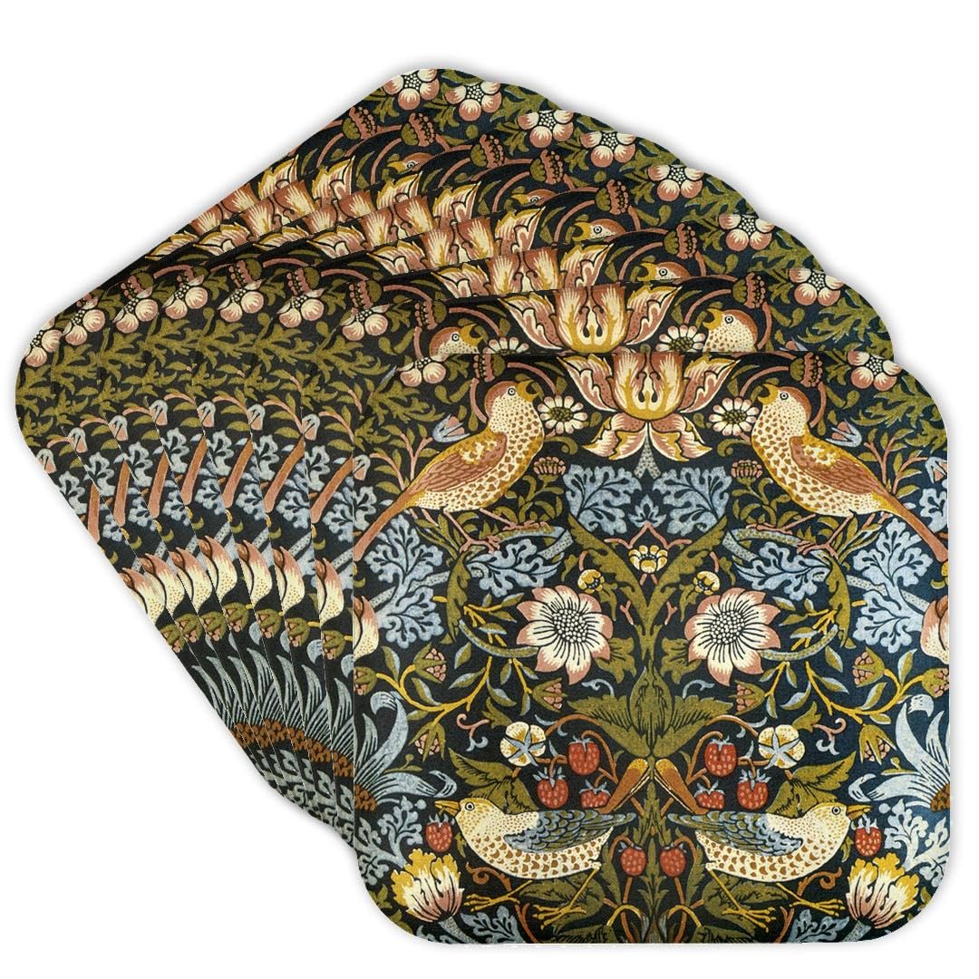 3dRose William Morris Strawberry Thief Pattern - Soft Coasters, Set of 8 (cst_219390_2)