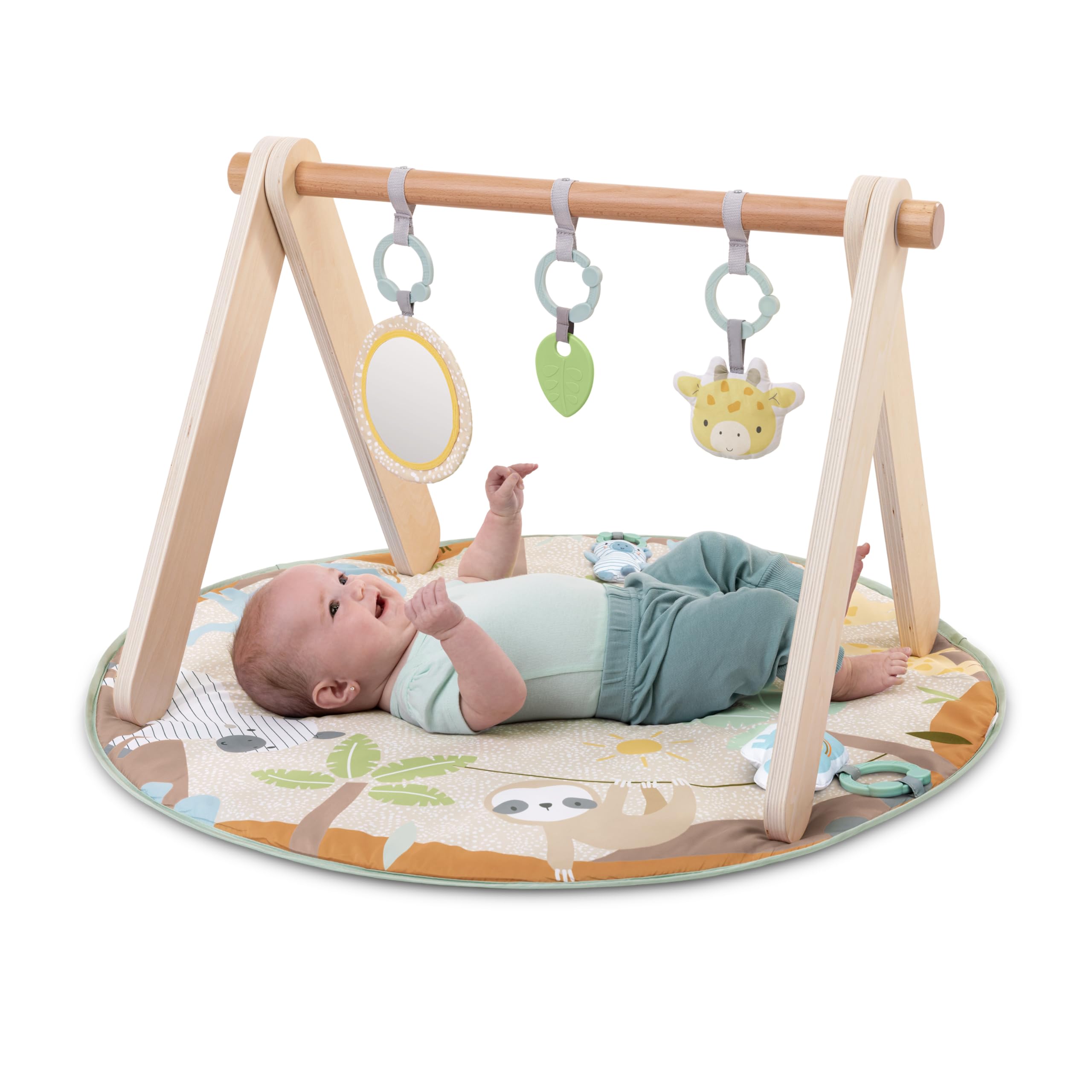 Ingenuity Wonder & Wood Baby Spielmatte & Holzspielzeugbogen - Spielgerät für Baby, faltbare A-Rahmenstange mit 3 herausnehmbaren Spielzeugen, maschinenwaschbare Matte, Unisex, für Alter 0-36 Monate