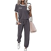 Amkoyam Women's Two Piece Outfits 2025 Summer Short Sleeve Tops With Drawstring Long Pants Tracksuit Jogger Lounge Set