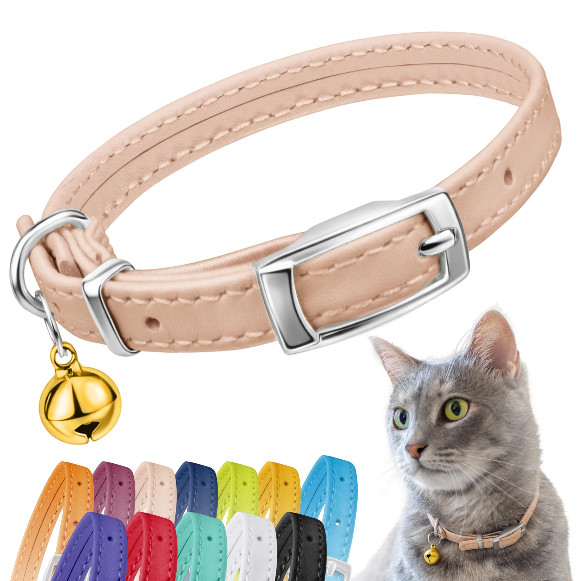 CollarDirect Leather Cat Collar, Cat Safety Collar with Elastic Strap, Kitten Collar for Cat with Bell Black Blue Red Orange Lime Green (Neck Fit 9"-11", Beige) — image 1