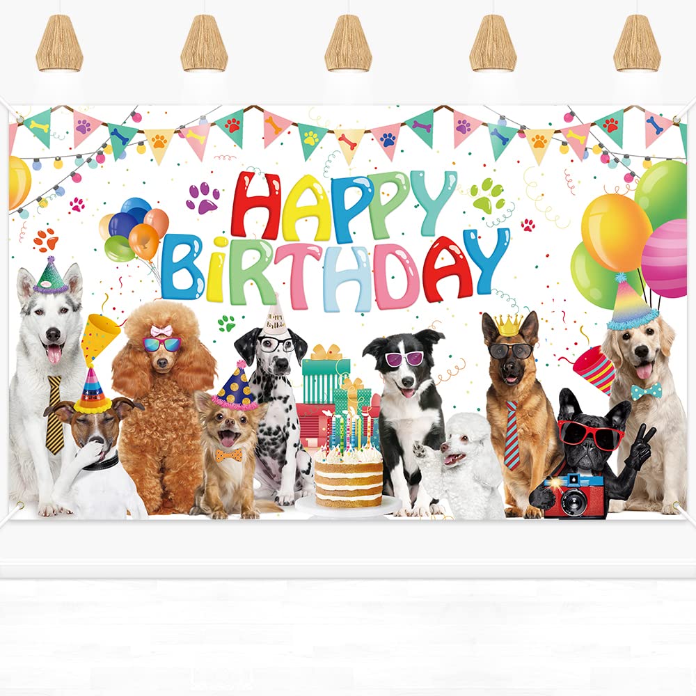 Happy Birthday Banner Backdrop, Dog Theme Photography Background Wall, Lovely Pet Backdrop for Birthday Party Decoration Supplies 180 x 110 cm