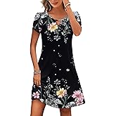 HOTOUCH Women's Casual A-Line Dress with Pockets Summer Beach Floral Tshirt Dress Short Sleeve Mini Dress Flowy Sundresses
