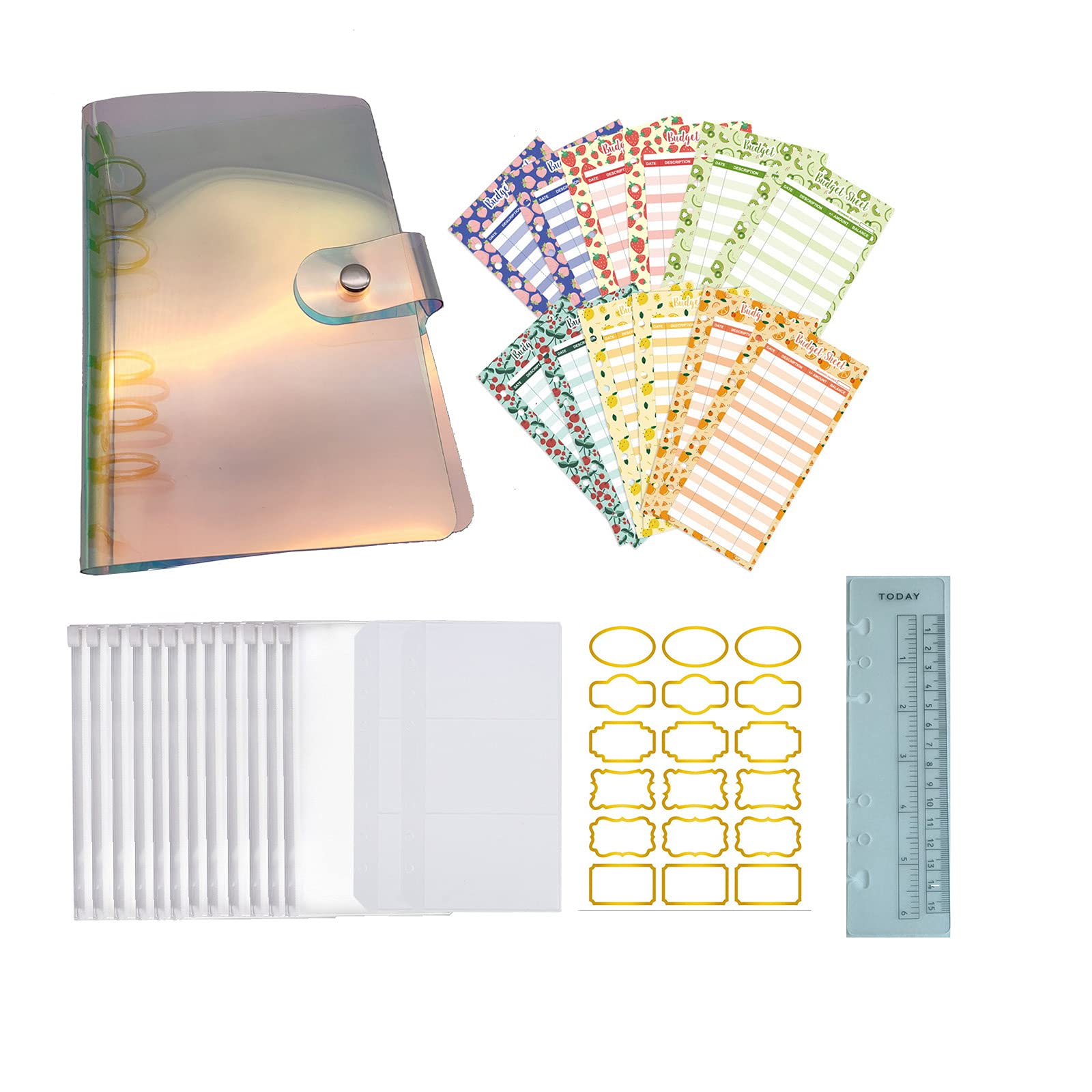 A6 Budget Binder with Zipper Envelopes，Money Organizer for Cash with 12 Cash Envelopes, 2 Card Sleeve, 12 Ring Binder Expense Budget Sheet, 18 Classification Labels in 6 Shapes.