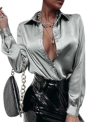 MakeMeChic Women's Satin Silk Long Sleeve Blouse