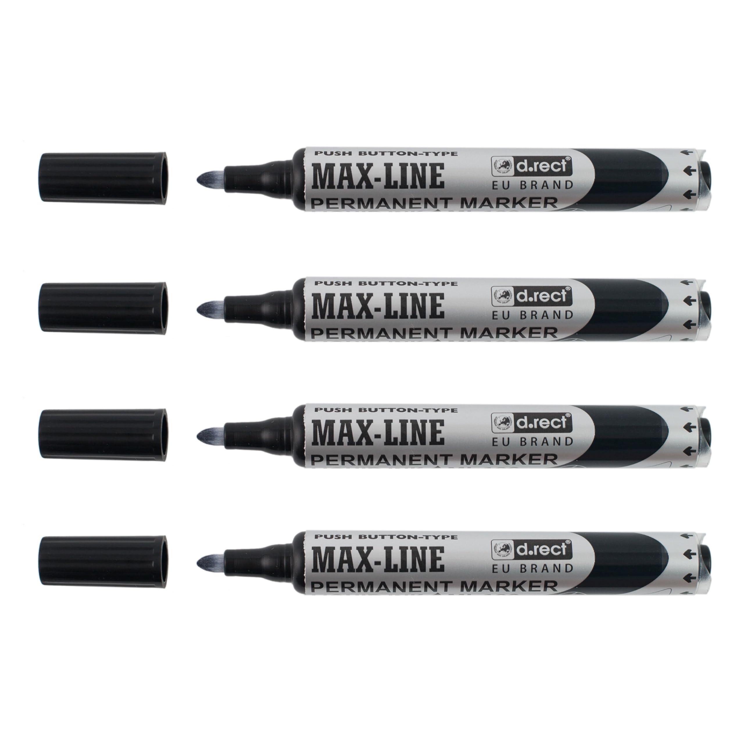 D.RECT Black Permanent Marker Round Tip, featuring Pump Mechanism - Robust Permanent Marker with Piston, Pack of 4