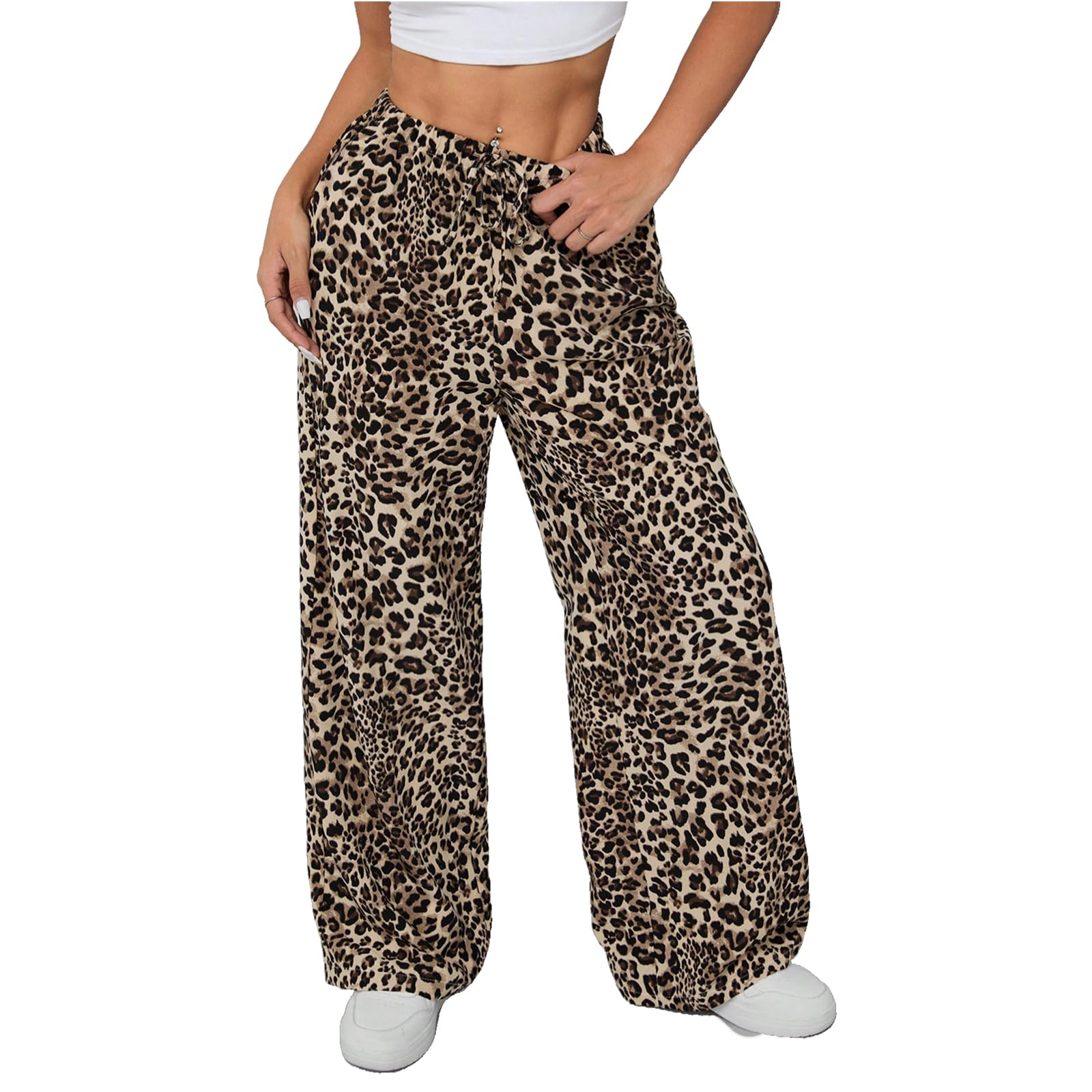 Photo 1 of ASANDY Women's Leopard Print Wide Leg Pants Casual Summer Drawstring Waist Trousers (A15-TKZ248582-Leopard-L