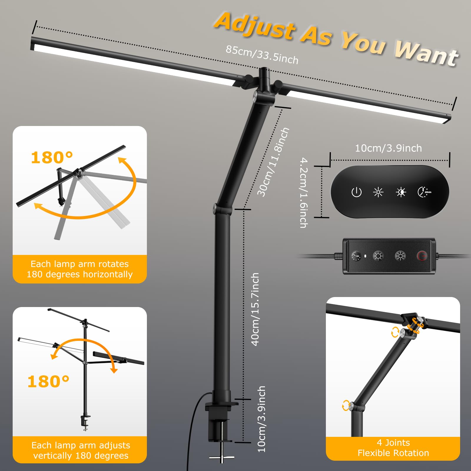 LED Desk Lamp for Home Office, Eye Caring Architect Desk Light with Remote, Dual Screen Computer Monitor Light with Stepless Dimming, Stepless Color Temp, Memory Function for Study, Workbench Black