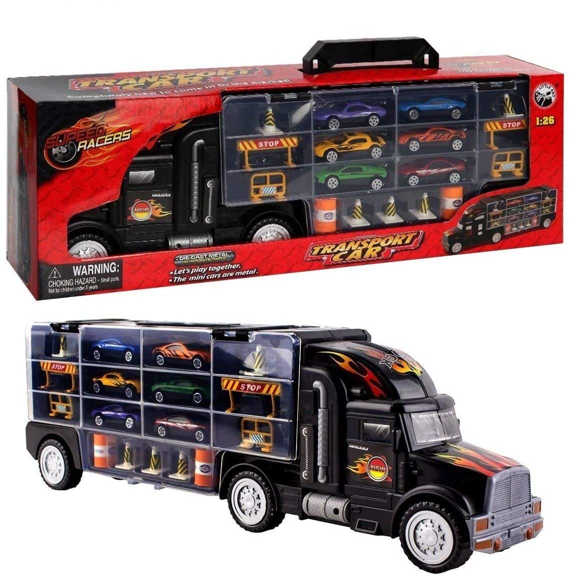 ToyVelt Transport Carrier Truck Toy for Boys Inside (Includes 6 Cars