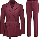 Lamgool Women Double Breasted Suit with Belt Business Casual 2 Pcs Blazer Jacket with Pants Set