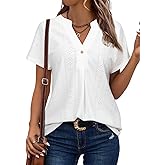 Astylish Womens V Neck Blouses Casual Short Sleeve Buttons Hollow Out Fashion Shirts Tops Dressy