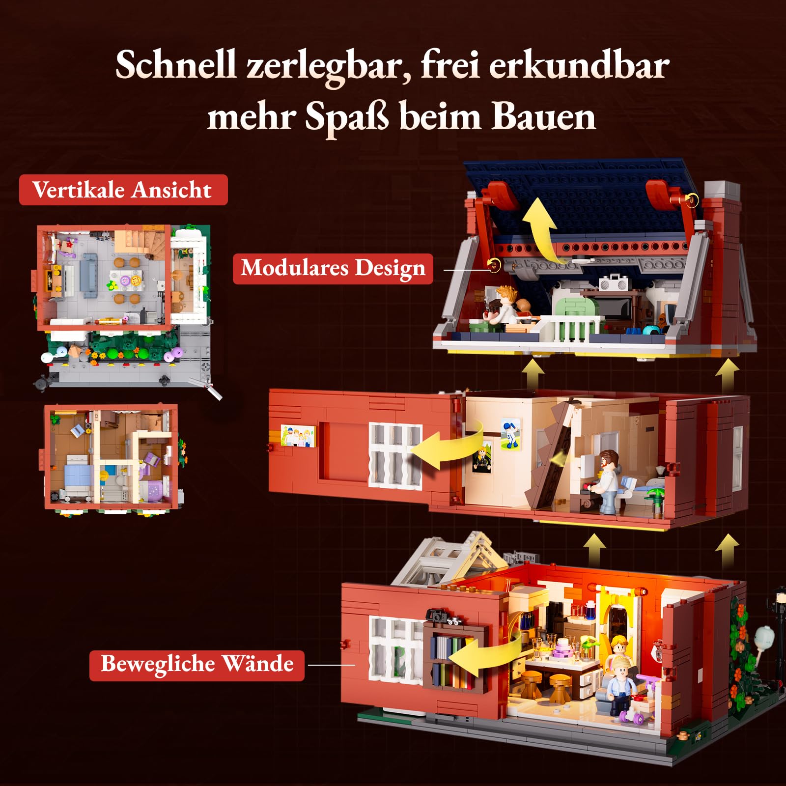 Lumibricks Rote Backstein-Reihenhaus Klemmbausteine mit Licht, Modular Building mit Geburtstags- und Weihnachtsszenen, 2663PCS-Geschenk für Baustein-Fans 3