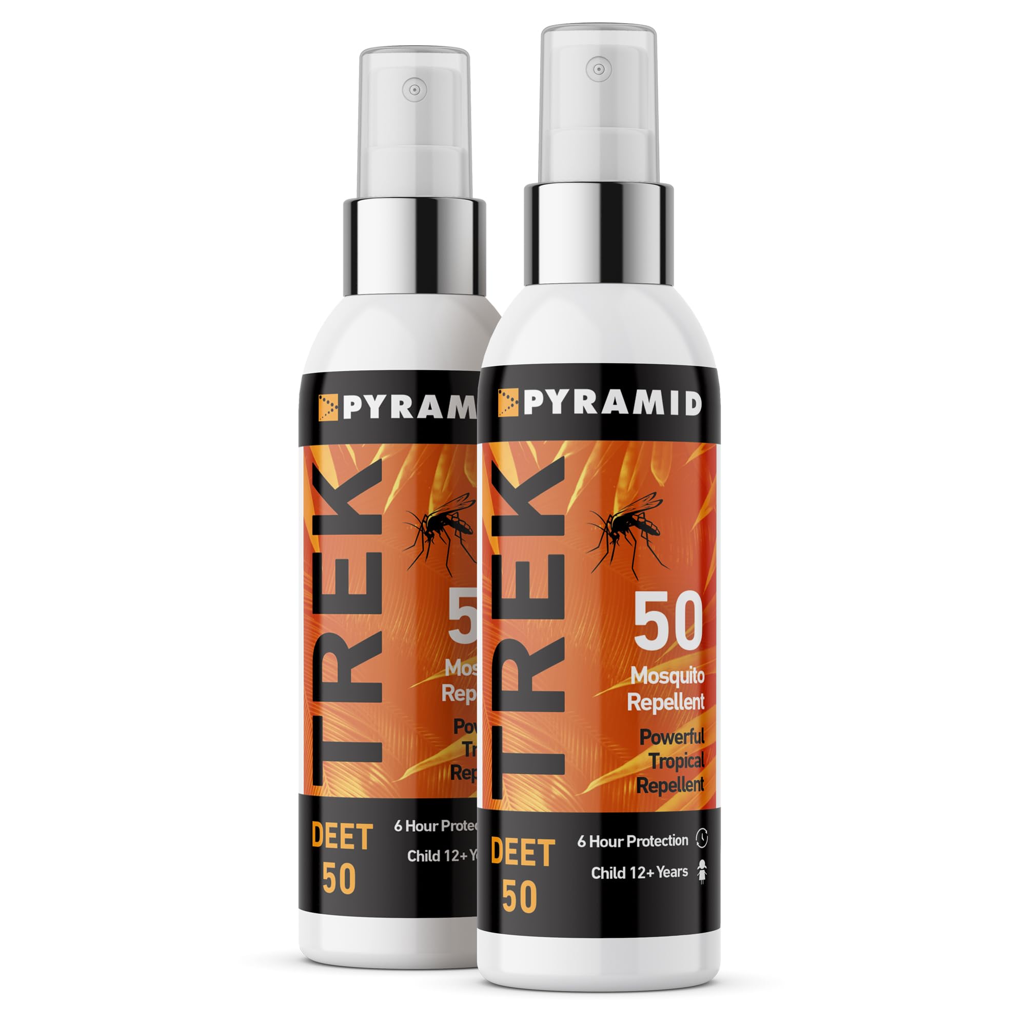 Pyramid Trek 50 Insect Repellent, 50% DEET Max Strength Mosquito Repellent, Up To 6hrs Protection. Unscented, Fast-Drying Spray For Travel, Trekking, Camping, Festivals. Suitable for Age 12+ (2x100ml)
