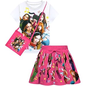 KMAOFAM Katseye Girls Short Sleeve Graphic T-Shirt and Skirt Set with Crossbody Bag K-POP Music Fan Outfit for Toddlers
