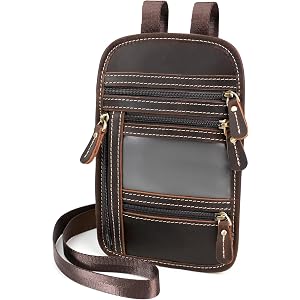 Full Grain Leather Neck Wallet, RFID Blocking Passport Travel Pouch, Coffee | Crazy Horse Cowhide, YKK Zipper & Brass Hardwar