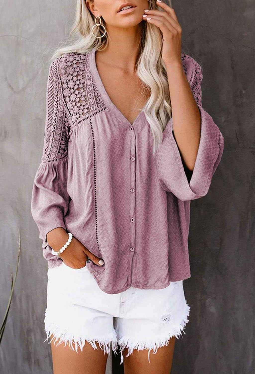 Aleumdr Women's Lace Crochet V Neck 3/4 Sleeve Button Down Blouses Casual Shirts Tops at  Women’s Clothing store