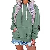 EADINVE Women's Hooded Sweatshirt Hollow Out Distressed Long Sleeve Drawstring Hoodie with Kangaroo Pocket