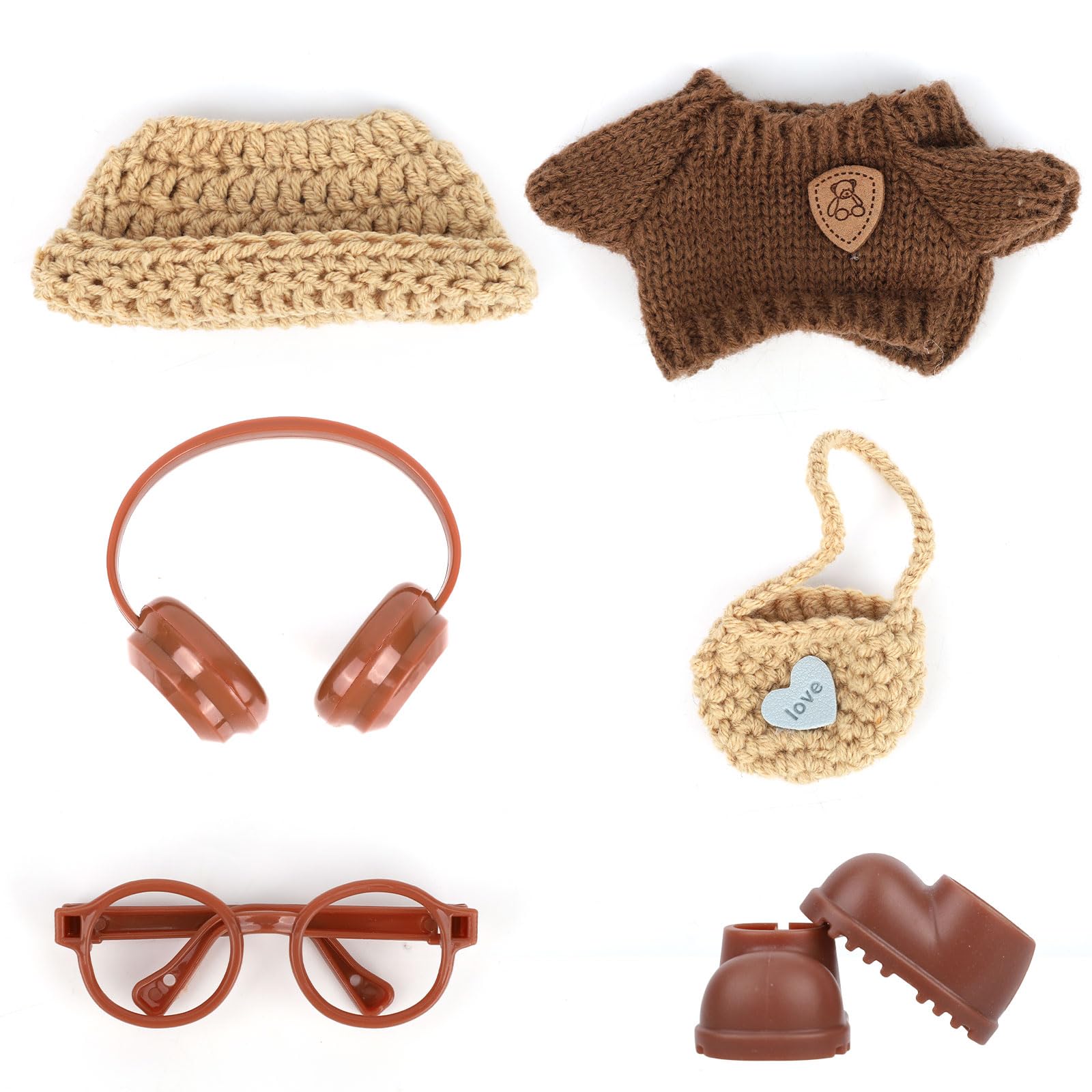 Sinbana Clothes Set for Doll, Cute Plush Toy Outfit with Hat Earphone Glasses Bag Shoes Stylish Clothes Accessories for 17cm/6.7in Dolls