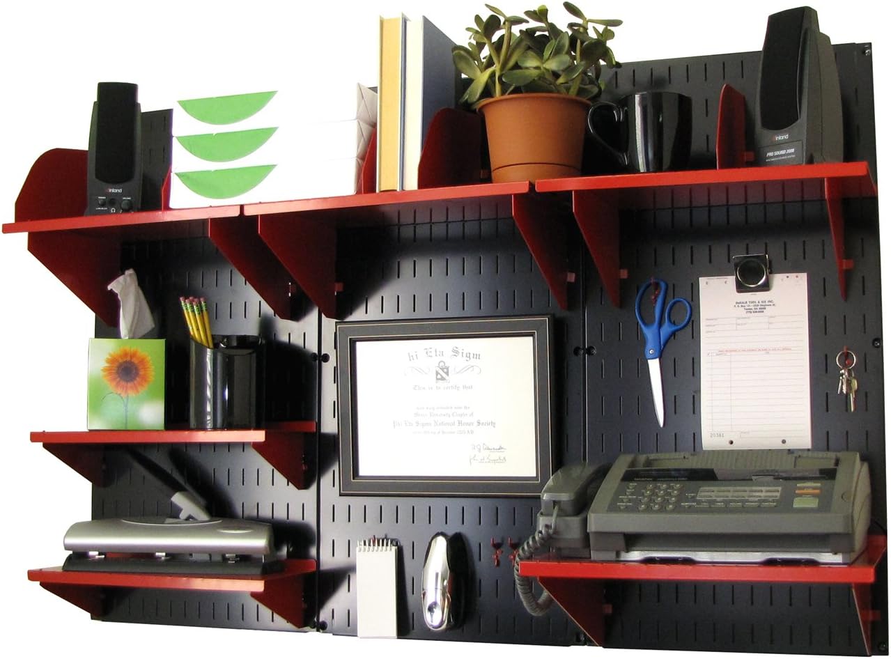 Wall Control Office Organizer Unit Wall Mounted Office Desk Storage and Organization Kit Black Wall Panels and Red Accessories
