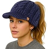 ChicPony™ Merino Wool Visor Ponytail Beanie with Brim Fleece Lined 3 Bun Openings Hole Warm Windproof Knit Cap Winter Hat