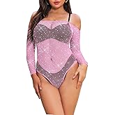 LUCKELF Women's Black Fishnet Bodysuit Sparkle Rhinestone Top Lingerie Thong Bodysuit