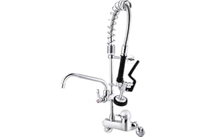 MS MaxSen Wall Mount Commercial Sink Faucet with Sprayer 4-8 Inch Adjustable Center 25'' Height Brass Faucet Body 8 Inch Swing Spout fit for Compartment Sink in Bar or Restaurant(M6810-1P)