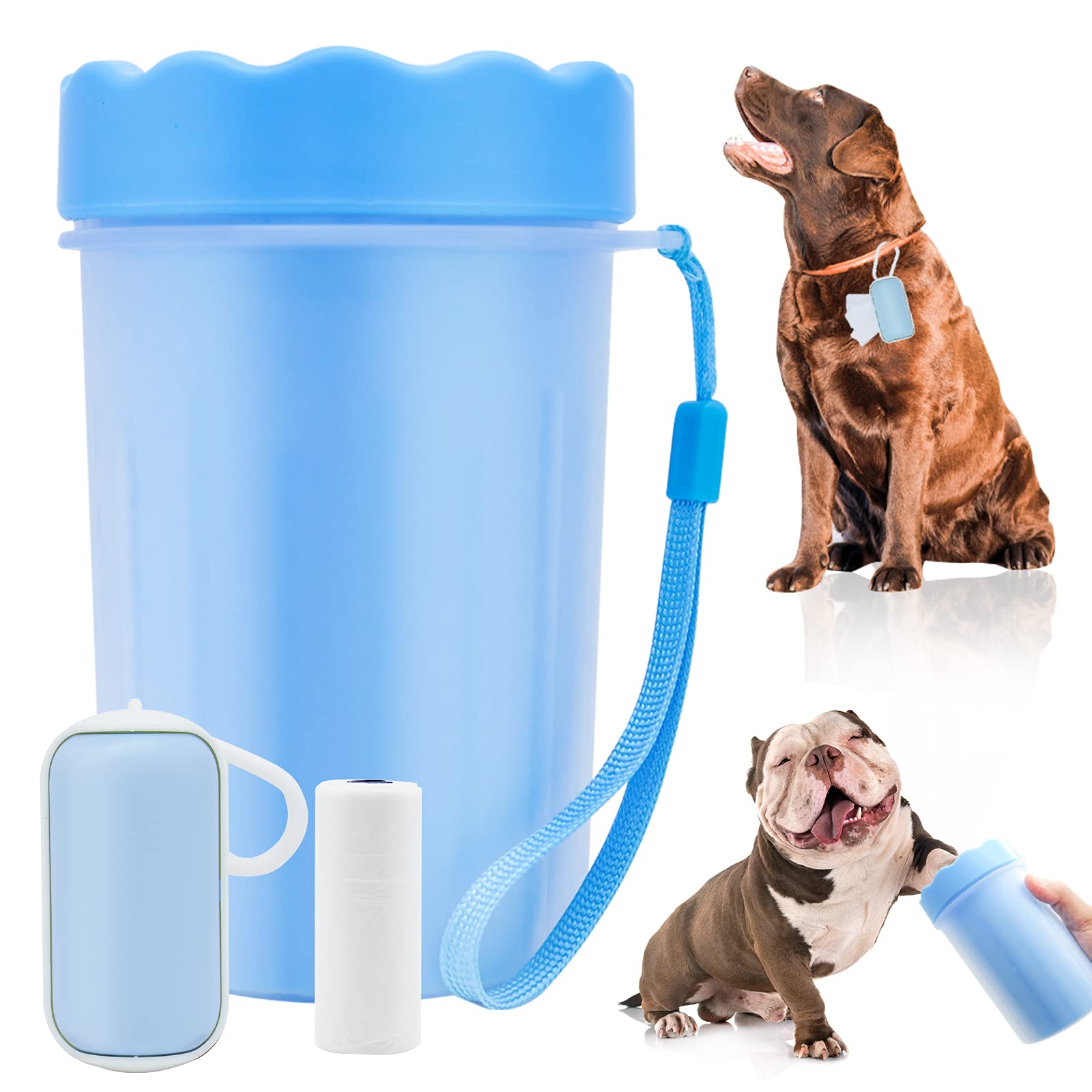 KOOLPUG Dog Paw Cleaner, Paw Cleaner Cup with Dog Poo Bags Leash Dispenser, Dog Paw Washer, Pet Paw Cleaner with Waste Bags, Pet Cleaner, Perfect for Removing Dirts After Daily Walk (Large, Blue)