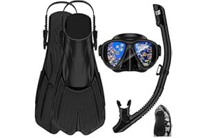 ACQCES Snorkeling Gear for Adults,3 in 1 Snorkel Set with Panoramic View Diving Mask Anti-Fog Anti-Leak,Dry Top Snorkel,Fins and Travel Bag for Swimming,Snorkeling and Travel Diving