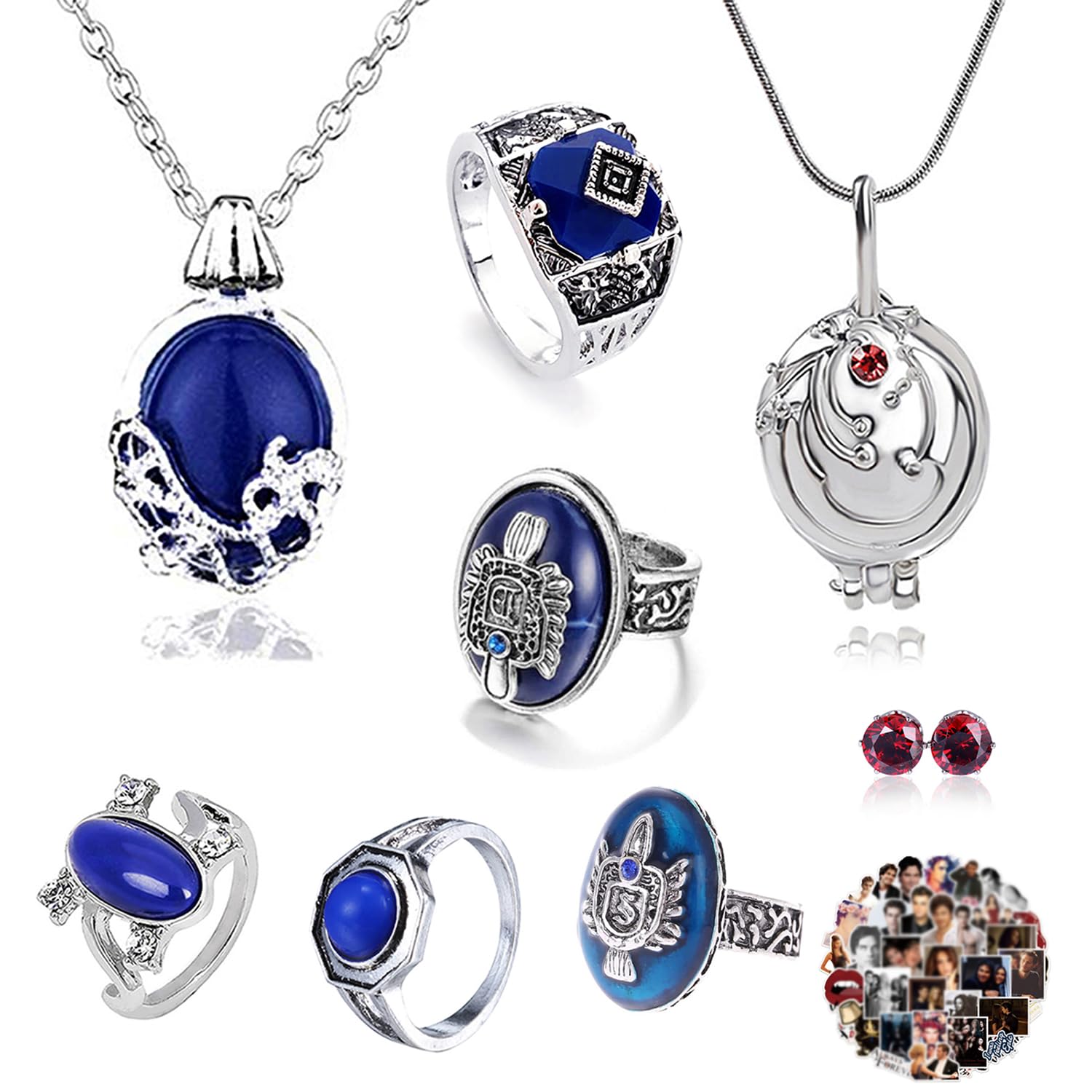 YouU 28 pcs The Vampire Diar.s Jewelry Stickers Set Elena Gilbert Opening Vervain Locket Pendant Necklace Sapphire Crystal Daylight Family Vampire Crest Rings Diamond Stud Earring