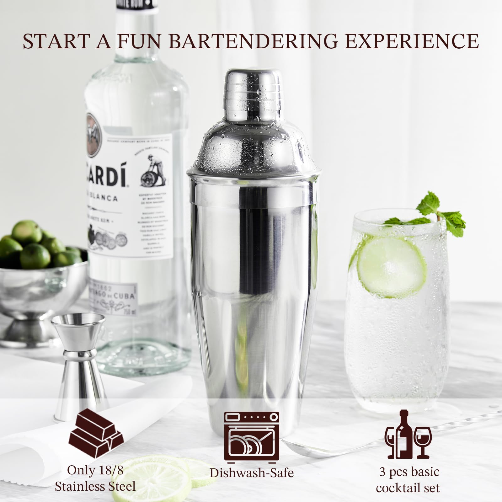 Cocktail Shaker, KITESSENSU 24oz Drink Shaker with Bartender Strainer, Measuring Jigger, Bar Mixing Spoon, Cocktail Recipe Guide, Professional Drink Mixer Set for Beginners, Silver - Image 4